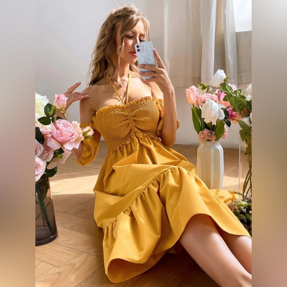 Shirred Frill Trim Tie Back Ruffle Hem Dress - Yellow - Picture 4 of 5